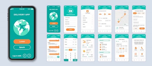 Lieferung Eines Mobilen App Pakets Mit Ui Ux Und Gui Bildschirmen Fur Die Anwendung Premium Vektor