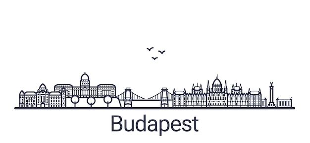 Lineares Banner Der Stadt Budapest Alle Budapester Gebaude Anpassbare Objekte Mit Deckkraftmaske Sodass Sie Die Komposition Und Die Hintergrundfullung Einfach Andern Konnen Strichzeichnungen Premium Vektor