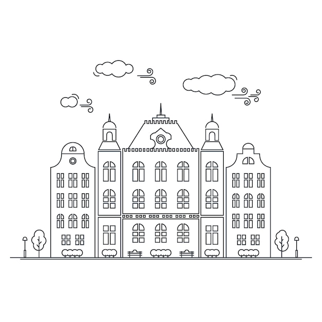 Linie kleine stadt. lineares stadtbild mit alten stadtwohnungen, kleinstadtstraße mit gebäudefassaden zeichnen. grafische lineart hippie-illustration des vektors. altes amsterdam. Premium Vektoren