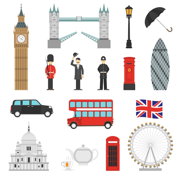 London Sehenswurdigkeiten Flache Icons Set Kostenlose Vektor