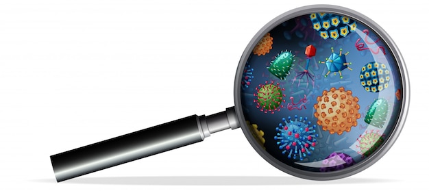 Lupe Mit Verschiedenen Arten Von Viren Auf Der Linse Kostenlose Vektor