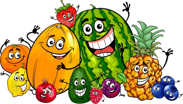 Lustige früchte gruppieren karikaturillustration PremiumVektor