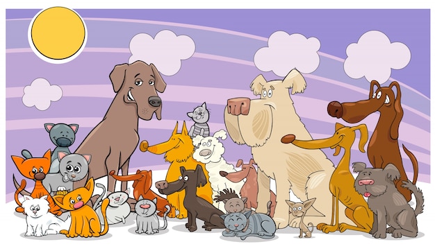 Lustige Hunde Und Katzengruppe Der Karikatur Premium Vektor