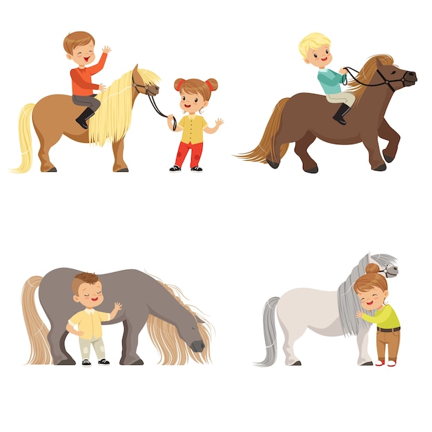 Lustige Kleine Kinder Reiten Ponys Und Kummern Sich Um Ihre Pferde Gesetzt Pferdesport Illustrationen Auf Einem Weissen Hintergrund Premium Vektor