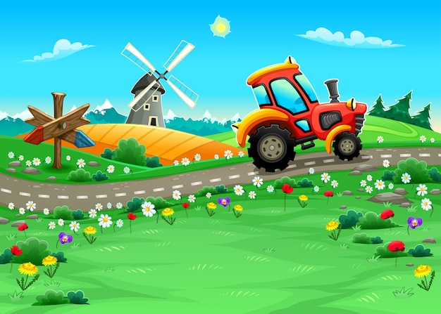 Lustige Landschaft mit Traktor auf der Straße Cartoon Vektor