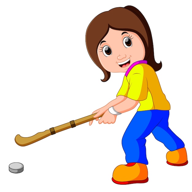 Lustige Madchen Cartoon Hockey Spielen Premium Vektor