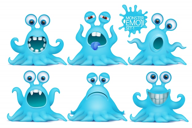Lustiger krake emoji monsterzeichensatz. Premium Vektoren