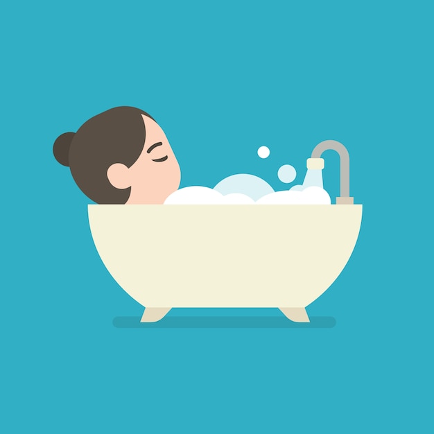 Mädchen, das ein bad in einer badewanne, netter charakter, vektorillustration nimmt. Premium Vektoren