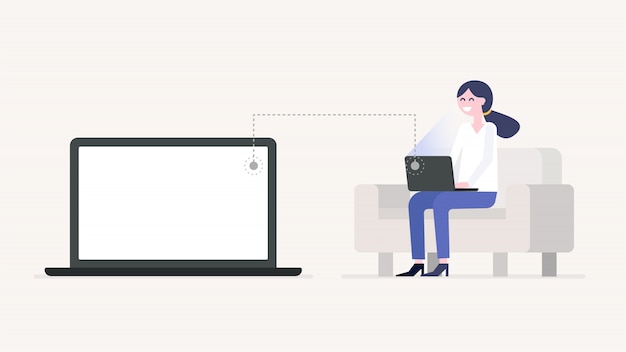 Mädchen, das mit dem laptop, sitzend auf der couch, laptopbildschirm arbeitet oder studiert. Premium Vektoren