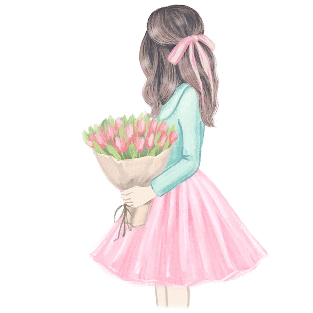 Madchen Mit Tulpen Hand Gezeichnete Modeillustration Premium Vektor
