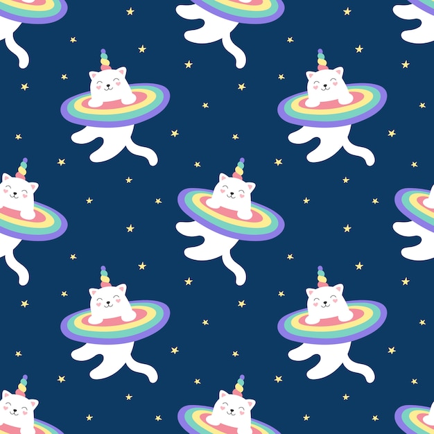 Magisches Katzchen Einhorn Des Nahtlosen Musters Regenbogen Sternenhimmel Eine Susse Weisse Katze Fliegt Im Weltraum Illustration Fur Kinder Druck Fur Verpackung Stoff Textil Tapete Premium Vektor