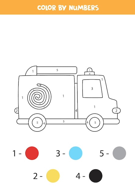 Malvorlagen mit cartoon feuerwehrauto. farbe nach zahlen. mathe-spiel