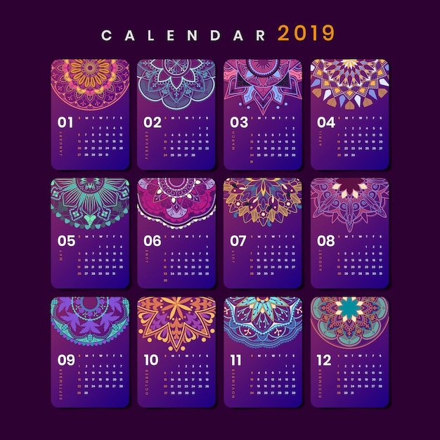 Mandala-kalender-modell  Kostenlose Vektor