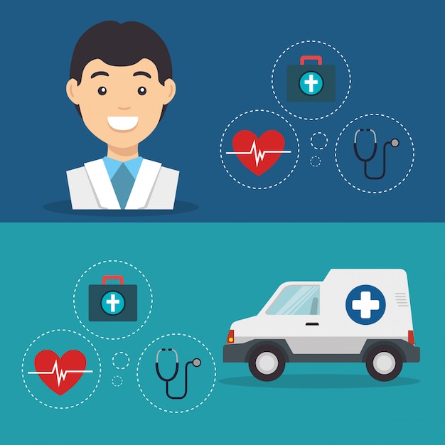 Mann doktor mit medizinischen dienstleistungen icons Kostenlosen Vektoren