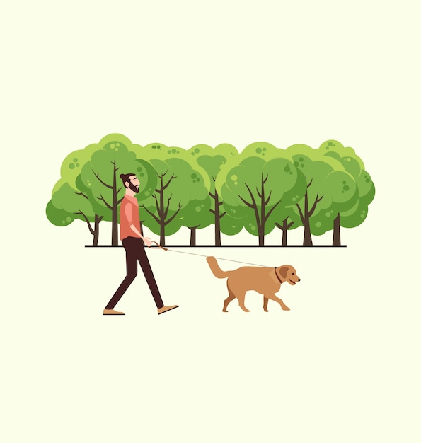 Mann mit seinem hund spazieren gehen Kostenlose Vektor