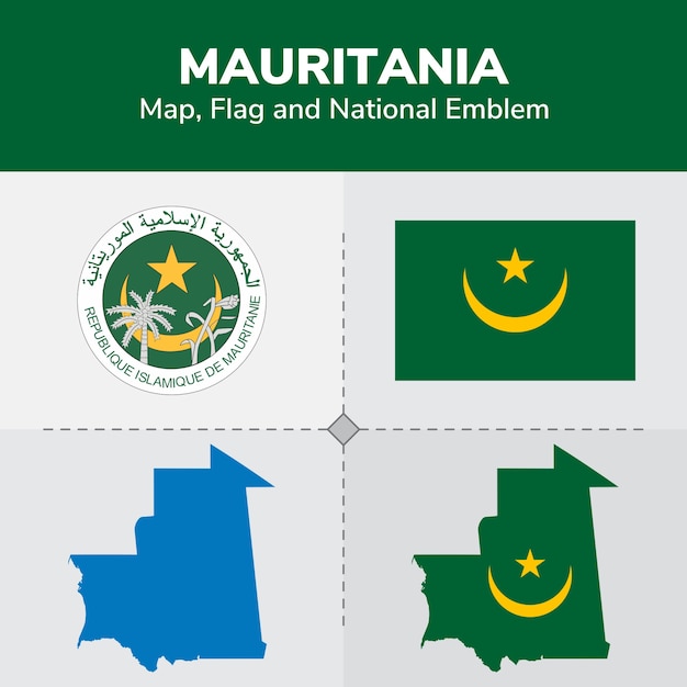 Mauretanien Karte Flagge Und Nationales Emblem Premium Vektor