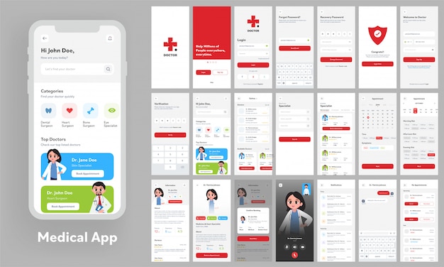 Medical App Ui Kit Fur Reaktionsschnelle Website Vorlagen Mit Unterschiedlichem Gui Layout Einschliesslich Konto Erstellen Arztprofile Termin Und Videoanrufbildschirm Premium Vektor