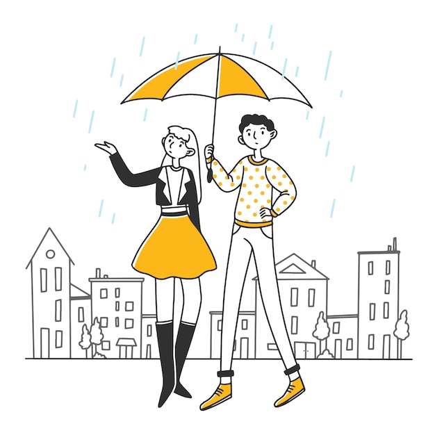 Menschen Die Unter Regenschirm Am Regnerischen Stehen Premium Vektor