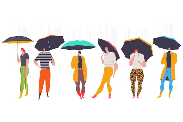 Menschen Mit Regenschirm Der Unter Den Regenkarikaturfiguren Geht Lokalisiert Auf Einem Weissen Hintergrund Premium Vektor