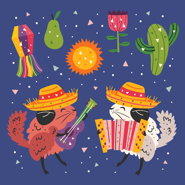 Mexiko Clipart Kleine Susse Chinchillas In Sombrero Mit Gitarre Knopfakkordeon Kaktus Gras Und Fahnen Mexikanische Partei Flaches Buntes Illustrationsset Premium Vektor