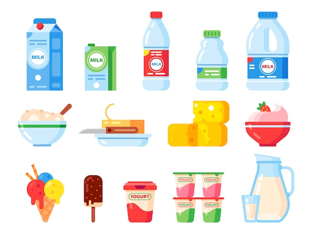 Milchprodukte. joghurt, eis und milchkäse für gesunde ernährung. frisches milchprodukt lokalisierte flache ikonensammlung Premium Vektoren