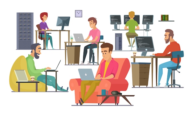 Mitarbeiter bei der arbeit. männliche und weibliche programmierer und designer Premium Vektoren