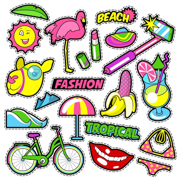 Mode Madchen Abzeichen Aufnaher Aufkleber Fahrrad Bananen Flamingo Lippenstift Im Comic Stil Gekritzel Premium Vektor