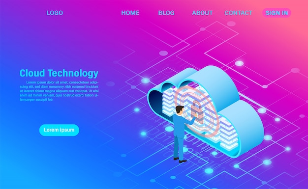 Moderne cloud-technologie und vernetzung. online-computertechnologie. großes datenflussverarbeitungskonzept, internet-datendienstillustration Premium Vektoren