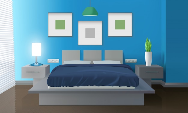 Modernes schlafzimmer blue interior | Kostenlose Vektor