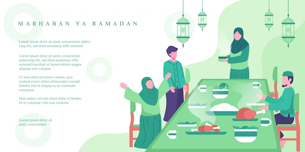 Moslemische Familie Essen Zusammen Zur Iftar Zeitkonzeptillustration Familiare Aktivitaten Im Ramadan Ramadan Banner Konzept Illustration Premium Vektor