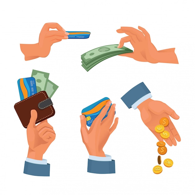 Münzen, bankkarten und dollar in den händen. bildersatz geld Premium Vektoren