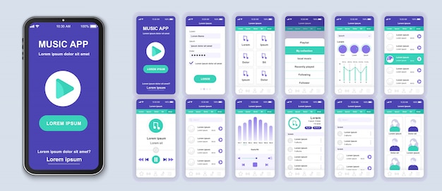 Music Mobile App Pack Mit Ui Ux Und Gui Bildschirmen Fur Die Anwendung Premium Vektor