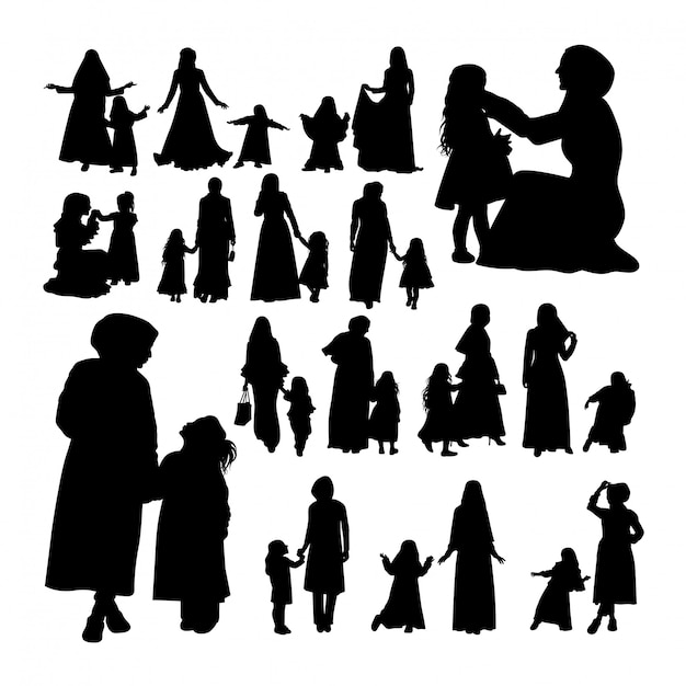 Muslimische mutter und kind silhouetten. Premium Vektoren