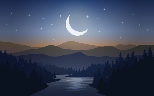 Mystische Nacht Im Kiefernwald Mit Fluss Und Sternenhimmel Premium Vektor