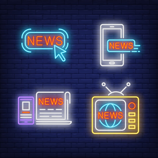 Nachrichtentaste, fernseher, zeitung und smartphones leuchtreklamen Kostenlosen Vektoren