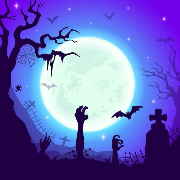 Nachtfriedhof Mit Zombiehanden Halloween Hintergrund Des Friedhofs Mit Kreuzgrabern Unheimlichen Baumen Spinnennetz Und Fledermausen Unter Riesigem Vollmond Im Sternenhimmel Karikatur Halloween Gruselige Landschaft Premium Vektor