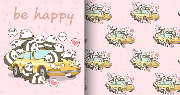 Nahtlose kawaii pandacharaktere und gelbes automuster Premium Vektoren