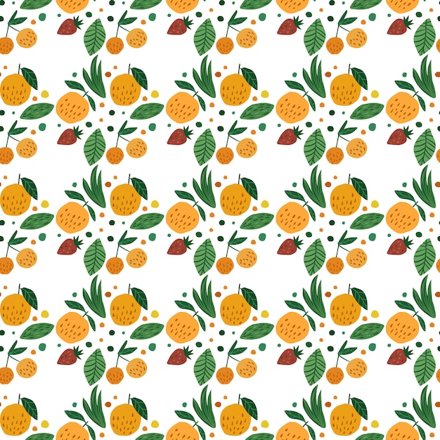 Nahtloses muster der geometrischen früchte. lustige gartenfrucht. gezeichnete tapete der kirschbeeren, der äpfel, der erdbeere und der blätter hand. Premium Vektoren