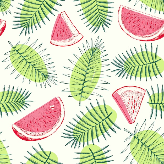 Nahtloses muster der wassermelone und der tropischen blätter. Premium Vektoren