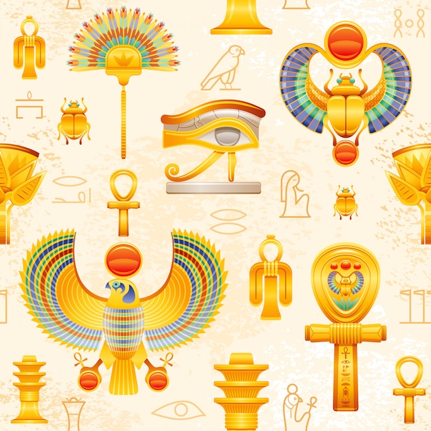 Nahtloses Muster Des Alten Agypten Agyptischer Pharaosymbolhintergrund Ra Sun Scarab Horus Falcon Wadjet Auge Isis Tyet Knoten Koptisches Ankh Facher Lotus Osiris Djed Saule Premium Vektor