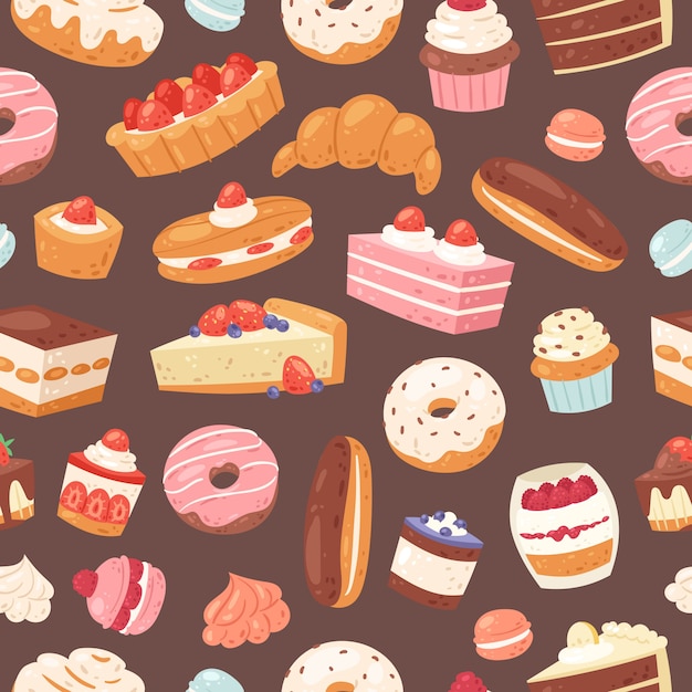 Nahtloses Muster Des Sussen Gebacks Illustration Von Kuchen Backerei Und Geback Gebackdesserthintergrund Mit Sussem Kuchen Vanillecreme Cupcake Karamellmuffin Pralinen Und Donut Premium Vektor