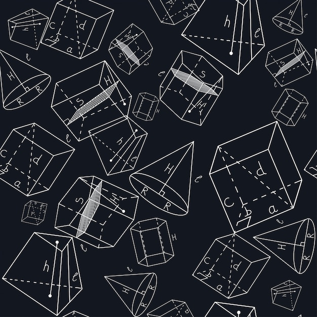 Nahtloses muster mit geometrischen formen. rechteckiges parallelepiped, schräges parallelepiped, gerades prisma, geneigtes prisma, pyramidenstumpf, kegel. Premium Vektoren