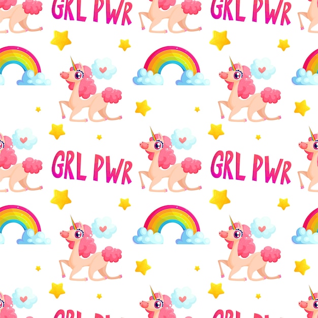 Nahtloses Muster Von Einhorn Und Regenbogen Mit Grl Pwr Slogan Premium Vektor