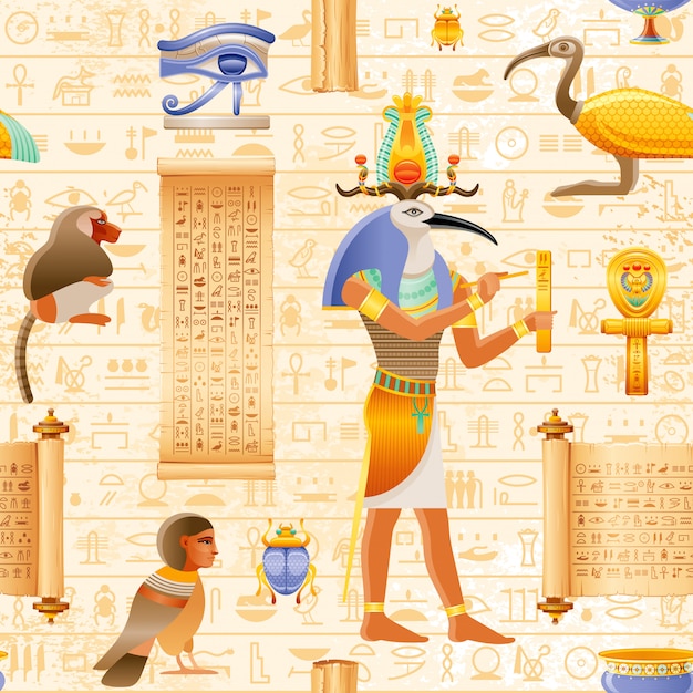 Nahtloses Papyrusmuster Des Agyptischen Vektors Mit Thoth Ibis Gott Und Pharaohement Ankh Auge Wadjet Papyrusrolle Alte Historische Kunst Premium Vektor