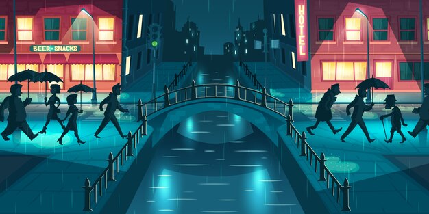 Nasses, nachlässiges herbstwetterkarikatur-vektorkonzept. leute unter regenschirmen gehend auf stadtstraßenschlamm, die überfahrtbrücke, die mit laternenpfählen und schildern belichtet wird, beleuchtet an der regnerischen abendillustration Kostenlosen Vektoren
