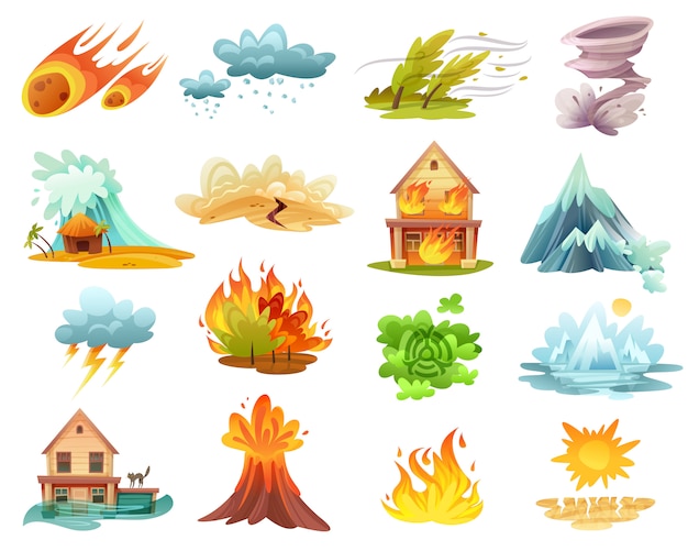 Naturkatastrophen Cartoon Icons Set Kostenlose Vektor