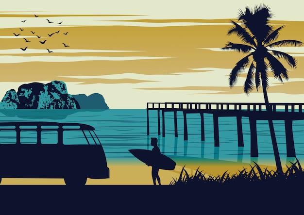 Naturszene von meer im sommer, manngriffsurfbrett nahe strand und hölzernem hafen, weinlesefarbdesign Premium Vektoren