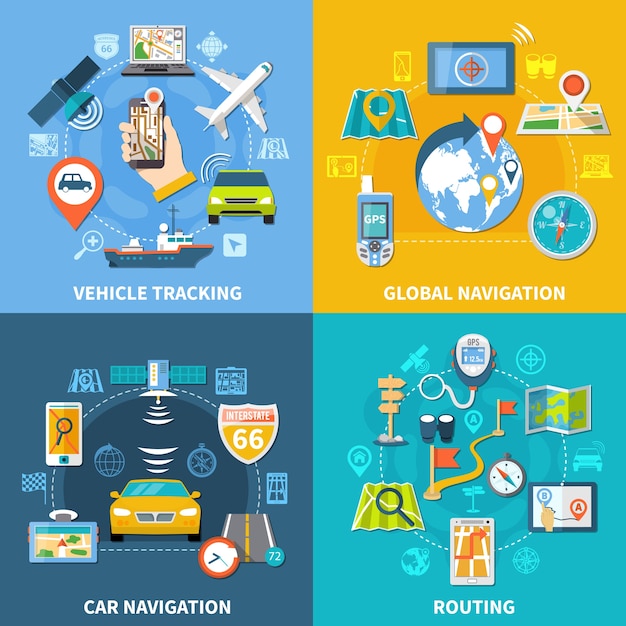 Navigationsdesignkonzept Mit Vier Kompositionen Flache Piktogramme Und Symbole Mit Schildern Gps Satelliten Und Gadgets Kostenlose Vektor