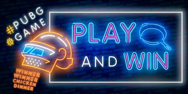 Neon-vektorillustrationslogo und -text siegergewinnerhühnerabendessen. gewinnender pubg-text Premium Vektoren