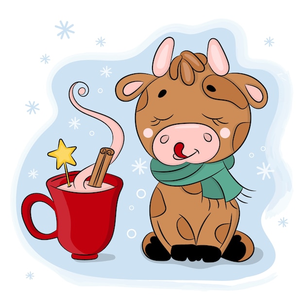 Nette Cartoon Bull Mit Tasse Schokolade Neujahr Frohe Weihnachten Feiertagshand Gezeichnete Illustration Premium Vektor